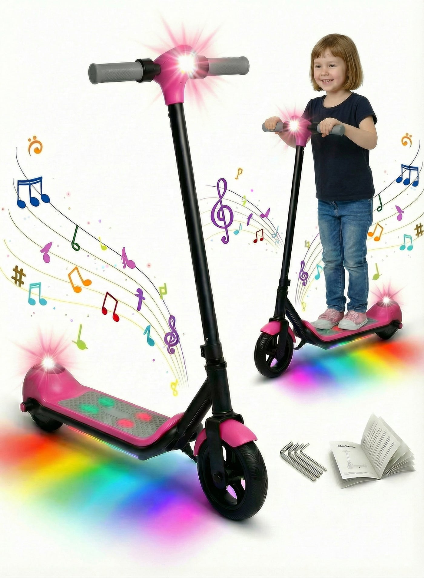 Kids Electric Scooter with Bluetooth Speaker & LED Lights – Foldable E-Scooter for Boys Girls Ages 6-14, 14 km/h Speed, 24V Rechargeable Battery, LED Display, Electronic Brake, Adjustable Height, 6.5 Inch Wheels, RGB Colorful Deck Lights, Gift for Children – Pink